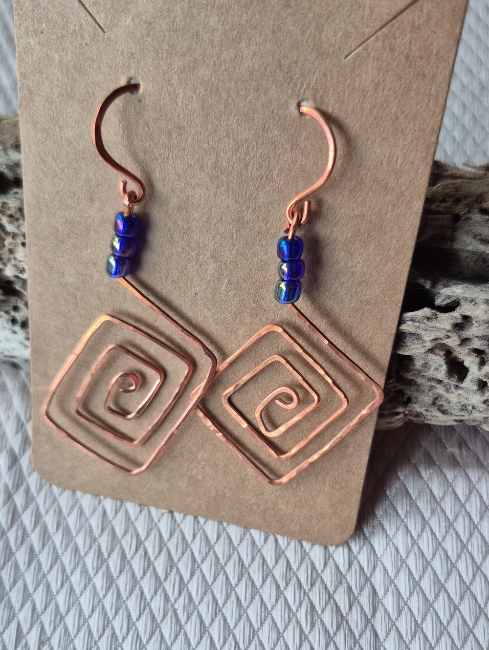 Copper Spiral Drop Earrings with Iridescent Blue Beads
